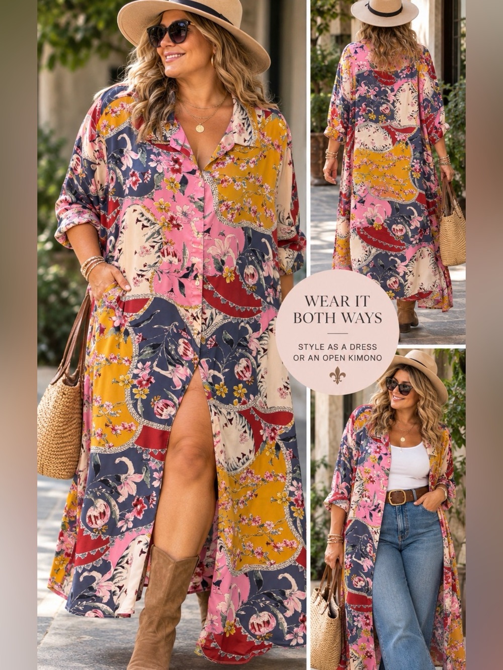 Susan Graver Floral Patchwork Button Front Maxi Shirt Dress 3X